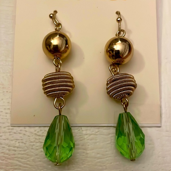 2028 (1928) Gold and Green Bead Drop Earrings - Picture 1 of 3